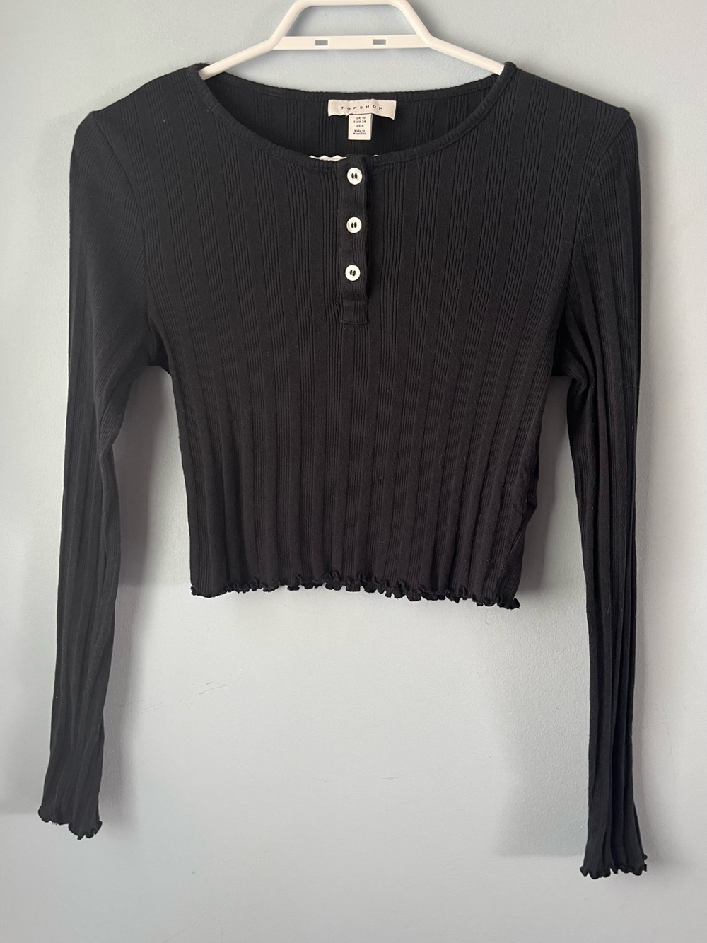Topshop Black 100% Cotton Ribbed Long-Sleeve Cropped Henley Collar Top